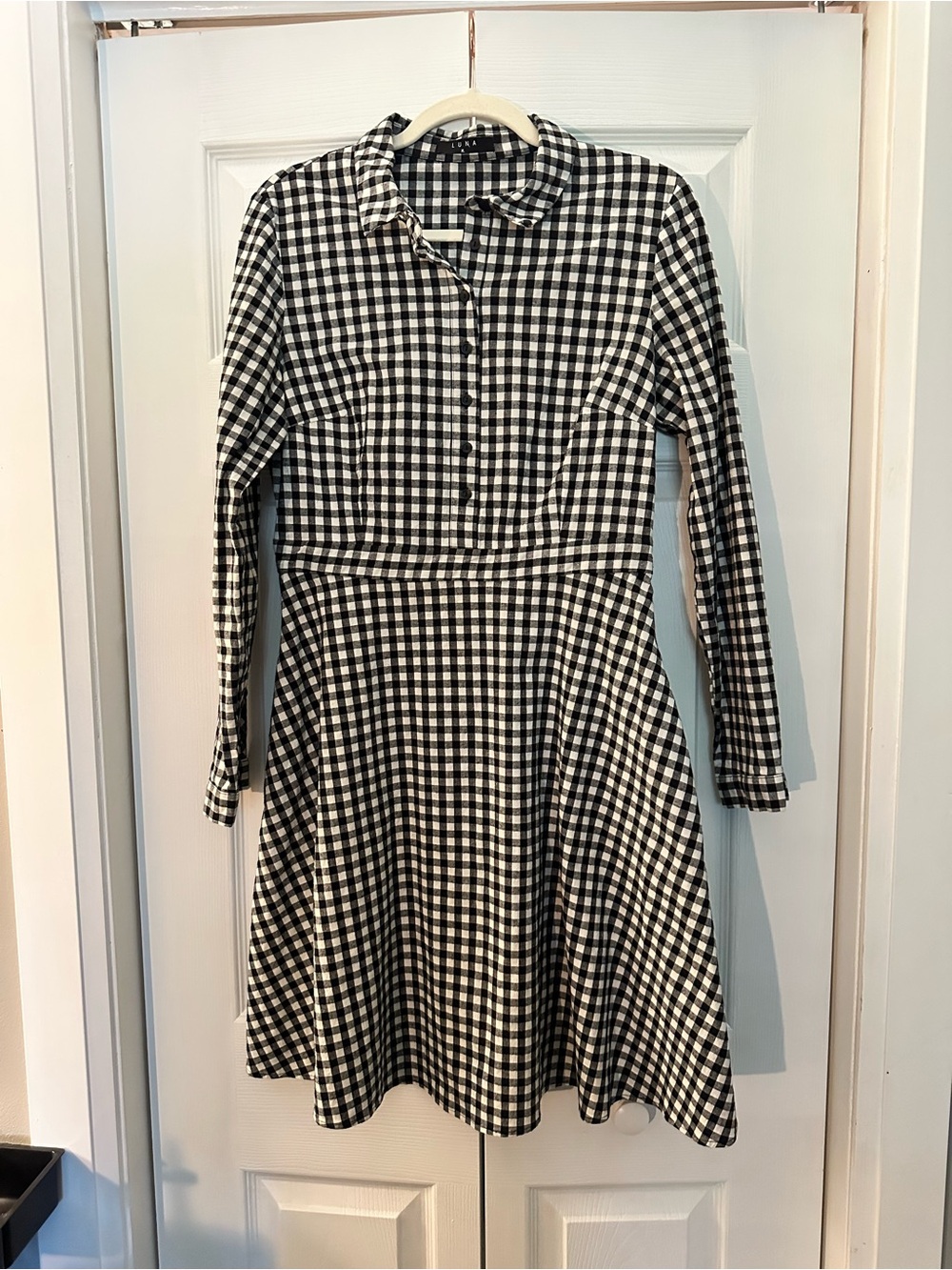 Black & White Gingham Long-Sleeve Shirt Dress